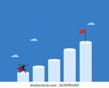 Businessman leader on bar chart striving to achieve goal