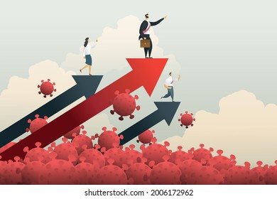 Empresario líder apuntando hacia adelante contra la flecha arriba Superar la crisis de la pandemia del Coronavirus COVID-19 con la crisis económica de caída en el colapso económico. vector de ilustración