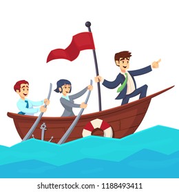 Businessman with leader red victory flag lead business team sailing on boat in the ocean.