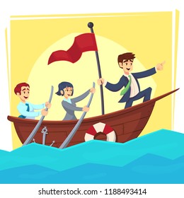 Businessman with leader red victory flag lead business team sailing on boat in the ocean