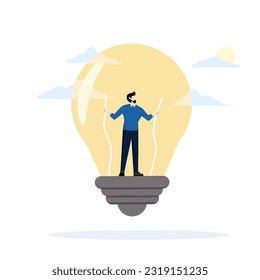 Businessman or leader repairing giant light bulb. Generate ideas for business processes and solutions. Leaders who face problems to find solutions for the organization. flat vector illustration.