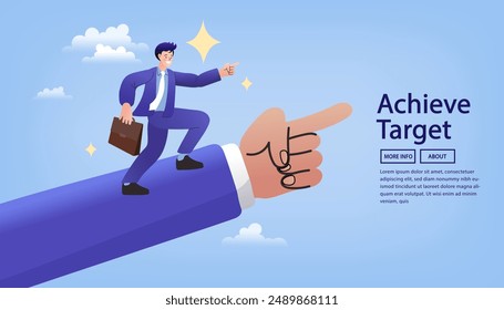 Businessman leader running lead business people on pointing finger. success in work. achieve goal or target. Flat cartoon vector illustration.