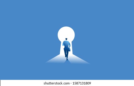 The businessman leader runs to reach dreams and opportunities. Businessman run in front of keyhole with blue flat illustration vector
