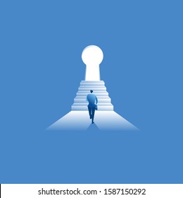 The businessman leader runs to reach dreams and opportunities. Businessman run in front of stair keyhole door with blue flat illustration vector