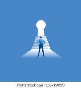 The businessman leader runs to reach dreams and opportunities. Businessman run in front of stair keyhole door with blue flat illustration vector