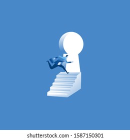 The businessman leader runs to reach dreams and opportunities. Businessman run in front of stair keyhole door with blue flat illustration vector