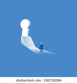 The businessman leader runs to reach dreams and opportunities. Businessman run in front of stair keyhole door with blue flat illustration vector