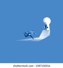 The businessman leader runs to reach dreams and opportunities. Businessman run in front of stair keyhole door with blue flat illustration vector