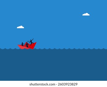Businessman leader sails boat through the obstacles of the sea waves