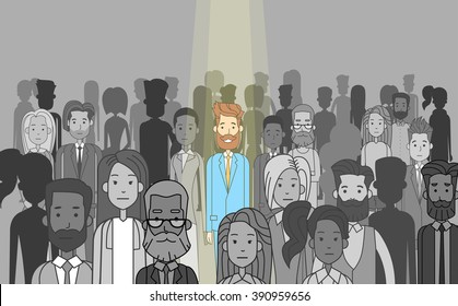 Businessman Leader Stand Out From Crowd Individual, Spotlight Hire Human Resource Recruitment Candidate People Group Business Team Concept Vector Illustration 