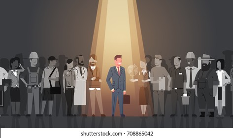 Businessman Leader Stand Out From Crowd Individual, Spotlight Hire Human Resource Recruitment Candidate People Group Business Team Concept Vector Illustration