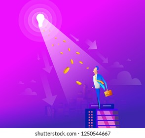 Businessman or leader standing out of the crowd with shining idea. Hiring new people concept. Flat vector illustration.