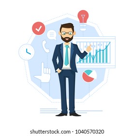 Businessman leader, successful entrepreneur. Financial management, control, analysis. Solid male businessman, in beautiful, strict, business suit, with glasses and tie. Illustration in cartoon style.