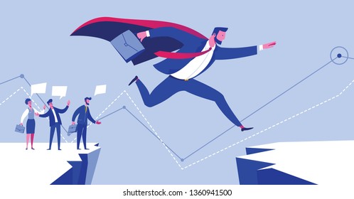 Businessman Leader in Suit Jump to Success Goal. Power Energy People Choice Creative Work. Professional Team Ideas. Motivation Innovation Brainstorm Flat Cartoon Vector Illustration