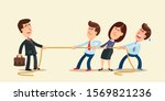 Businessman leader tug of war against team of employees. Sabotage, uprising, revolt in office, concept. Conflict with management. Business vector illustration, flat design cartoon style. Isolated.