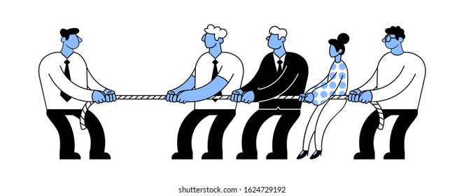 Businessman leader tug of war against team of employees. Business competition or pareto principle concept. Conflict management. Flat vector illustration, isolated on white background.