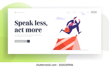 Businessman Leadership Competition, Challenge Landing Page. Successful Leader Business Man Running Obstacle Race on Stadium Jump over Barrier. Cartoon Flat Vector Illustration