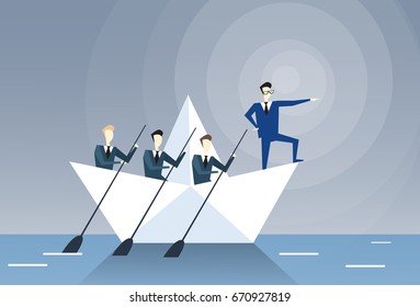 Businessman Leading Business People Team Swim In Boat Teamwork Leadership Concept Flat Vector Illustration