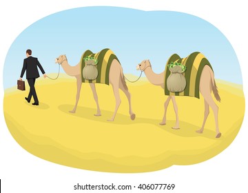 Businessman is leading a caravan of camels loaded with money bags through the financial wilderness. Economic conductor. Financial guide.