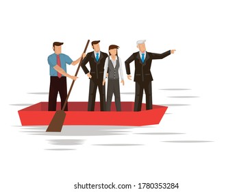Businessman leading his team on a boat journey, sailing on boat in ocean. Concept of leadership or teamwork. Flat cartoon character vector illustration.