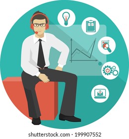 businessman leading a presentation located in the circle. around him are icons denoting collaboration, planning, review and assistance in matters