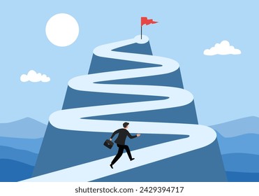 Businessman leading to the top of a mountain. Route to success.