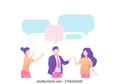 Businessman Leads Dialogue With Family, Speech Bubble . Businessman Discusses With His Wife Daughter Talking About Working On Vector Speech Bubble, Cartoon Color Style.