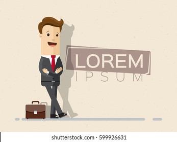 Businessman lean against a wall with a text.  Lorem ipsum, template. Vector, illustration, flat