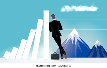 Businessman lean on the falling bar char and looking on the mountains. Business concept collection. 