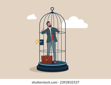 Businessman leaning on the bird's cage. Business stagnation with no growth, limitation in career development, punishment with no freedom in business.