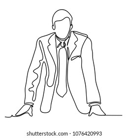 The businessman is leaning on the table. Continuous line drawing. Isolated on the white background. Vector monochrome, drawing by lines. sketch