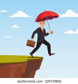 Businessman leap of faith concept. Presumptuous man of business walks off the cliff with red umbrella and suitcase. Flat style vector illustration.