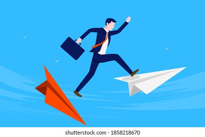 Businessman leap of faith - Man jumping from falling paper plane to new. Taking chances and risks in business concept. Vector illustration.