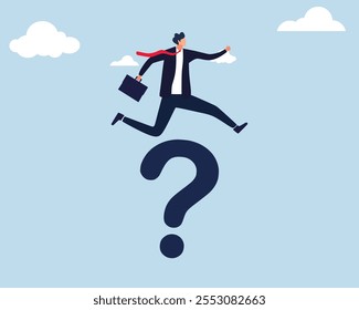 businessman leap over big question marks. Solutions to solve business problems. Answering tough questions or ambition to overcome obstacles.