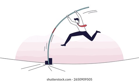 Businessman leaps over high bar with great effort and focus on success