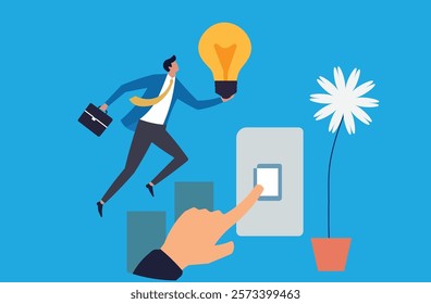 A businessman leaps towards a light bulb, symbolizing the activation of a new idea. Business growth, innovation, and creative thinking concept.