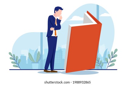 Empresario aprendiendo de un libro - Persona de pie mientras lee y piensa. Aprender, desarrollo personal y concepto de conocimiento. Ilustración vectorial con fondo blanco.