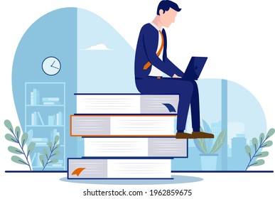 Businessman learning business - Male person sitting on books with laptop studying and educating himself. Career development concept. Vector illustration with white background.