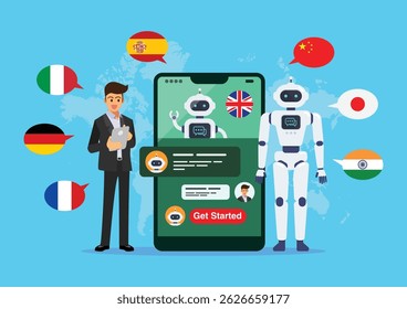 Businessman is learning different foreign languages with chat bot. Chat GPT. Artificial Intelligence. Vector illustration