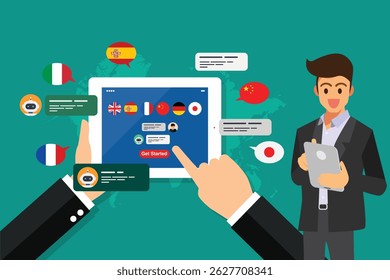 Businessman learning of different foreign languages through the tablet in the hand. Multi language learning concept illustration. Vector illustration