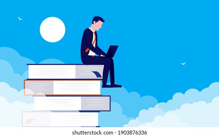 Businessman learning and studying - Man sitting on books with laptop and educating himself to advance career. Vector illustration.