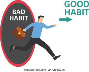 Businessman leave old habits zone to new habits way, bad Habits and good habits choice, Choose a new direction, make a choice concept

