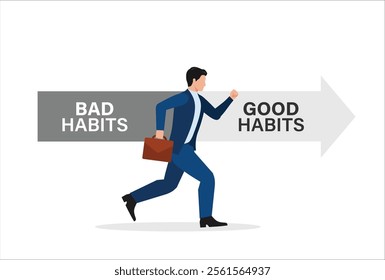 Businessman leave old habits zone to new habits way, bad Habits and good habits choice, Choose a new direction, make a choice concept
