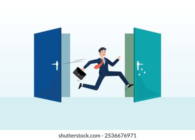 Businessman leave open door to new opportunity, change job, career transition or move to new opportunity, employee turnover, resignation or leave company, new job, employment, recruitment concept