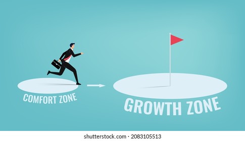 Businessman leaves comfort zone. Personal development, motivation and challenge vector illustration concept