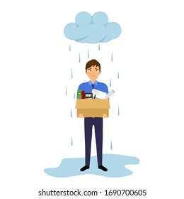 Businessman leaving job vector illustration on white background. Fired office worker in flat design. Employee firing concept. Company staff holding stuff under cloud and rain.