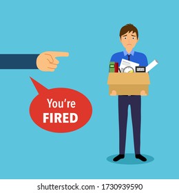 Businessman leaving job vector illustration. Fired office worker in flat design. Employee firing concept. Boss said. You’re fired while company staff holding stuff with sad face.