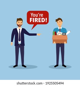 Businessman leaving job vector illustration. Fired office worker in flat design. Employee firing concept. Boss said you’re fired while company staff holding stuff with sad face.