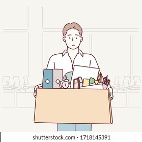 Businessman leaving office after being laid off carrying box of belongings. Hand drawn style vector design illustrations.