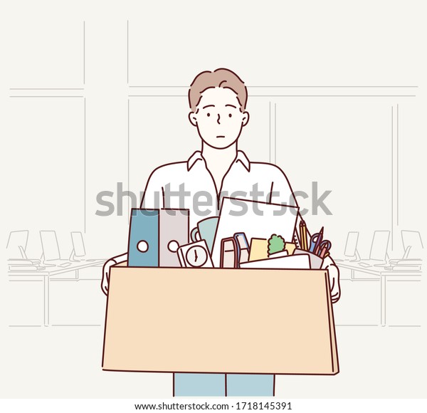 Businessman\
leaving office after being laid off carrying box of belongings.\
Hand drawn style vector design\
illustrations.
